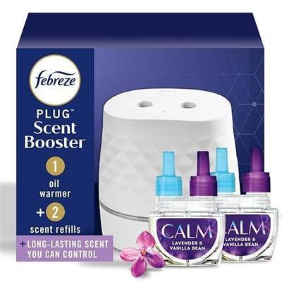 Febreze Plug Scent Booster Air Freshener Oil Diffuser + 2 Downy Calm Refill | Plug-in oil diffuser with Downy Calm refill. Boosts scent for 40 mins. Long cord for flexible placement. Fits every home.