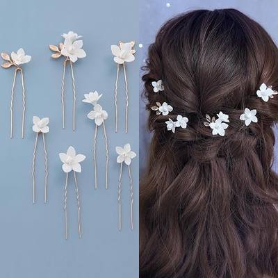 Handmade Bridal Wedding Hair Pins 7 Pcs Polymer Clay White Flower Hair Clips Gold Wedding Hair Accessories for Women Bride Bridesmaid