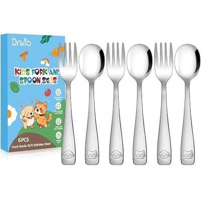 DRKIO 6Pcs Stainless Steel Toddler Utensils Small Metal Kids Silverware | Food-grade, Ideal Transitional Baby Forks and Spoons, Cute pattern, Designed for Children, Dishwasher Safe, Mirror Polished