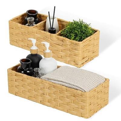 DULLEMELO Toilet Basket for Decor, Small Wicker Baskets for Storage Back of Toilet Tank Topper, Set of 2 Woven Storage Baskets for Bathroom Toilet Paper Holder Basket, Natural