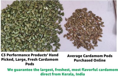 Premium Kerala Cardamom Pods, 113g (4oz), Hand-Picked, Aromatic, C3 Performance Products