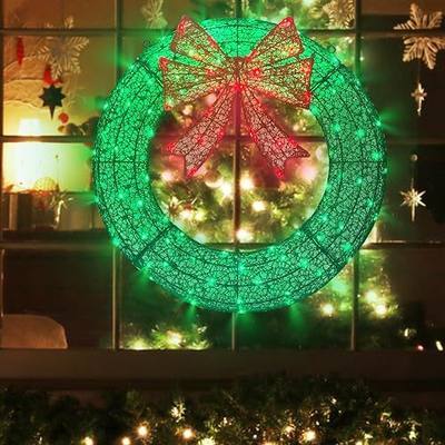 Lighted Christmas Wreath Outdoor Decorations, 24in Small Christmas Wreath 110 Lights with 8 Flashing Effects, Prelit Wreath Plug-in and Battery Operated with Timer for Door, Window, Garage-Green