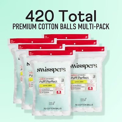Swisspers Puff Perfect Super Jumbo Cotton Balls - 100% Natural, USA-Made Beauty & Household Puffs - Premium Hypoallergenic Multi-Purpose Balls for Skincare, Pets & Crafts (70 Count) 6 Pack