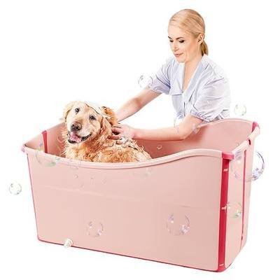 Portable Dog Bathtub for Large Dogs - 48.4Gal Foldable Pet Wash Station with Drain Plug, Insulated & Non-Slip Design for Indoor/Outdoor Bathing, Grooming, Camping(Pink)