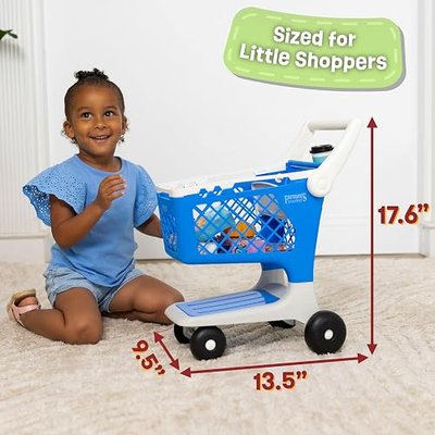 Acorn Avenue Let's Go Shopping Pretend Shopping Cart - Age 2+ | Blue Plastic, 8 Grocery Accessories, 13.5 x 9.5 x 17.6 in, Toddler Role Activity, Motor Skill Development, Child Size