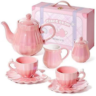 Giant bean Porcelain Tea Set, Pearl Pink Real Tea Party Set | for Little Girls, British Royal Princess Series Teapot & Cup & Saucer & Sugar Bowl & Suitcase, for Little Kids Toddlers