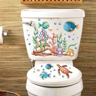 3PCS Cartoon Ocean Animals Toilet Seat Lid Stickers, Self-Adhesive Coral Dolphins Turtle Toilet Seat Decals,Under The Sea Toilets Stickers for Bathroom Restroom Decor