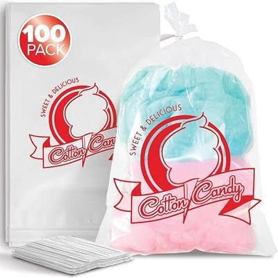 Clear Cotton Candy Bags with Ties, Bulk 100 Count, Great for Cotton Candy Sticks and Cones, Individual Bags for Stands and Accessories