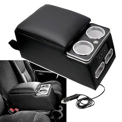 Black Universal Truck Center Console Organizer with LED USB | LED Light, USB Port, Cup Holders, Armrest, Padded Top Lid Ideal for Business Upgrade Center Console Organizerand
