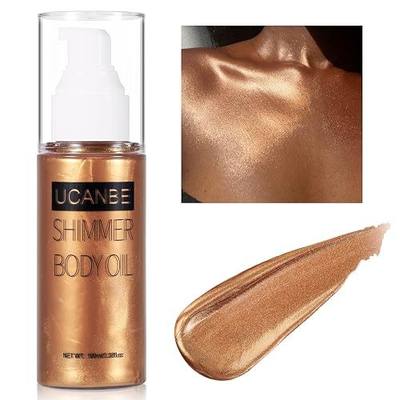 UCANBE Body Shimmer Oil 100ml, Moisturizing Body Glow Glitter Oil, Waterproof Shimmering Luminizer Liquid Illuminator Highlighter, Tinted Shimmer Lotion Glowing Bronzer Makeup(Bronze Gold)
