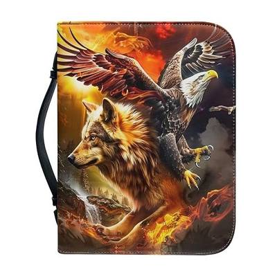 Bible Cover PU Leather Book Protector Case with Handle, Zipper, Pockets & Pen Slots,Bible Cases for Men Boys,Bald Eagle and Wolf,Large