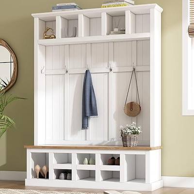 Wood Hall Tree Entryway Bench with Storage Cabinet, 6 Hooks Coat Racks for Entrance, Hallway White