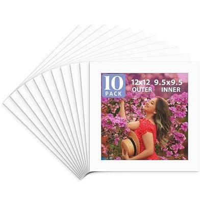 Golden State Art, Pack of 10 Acid Free 12x12 for 10x10 White Picture Mats, Bevel Cut White Core Frame Mattes for Photos