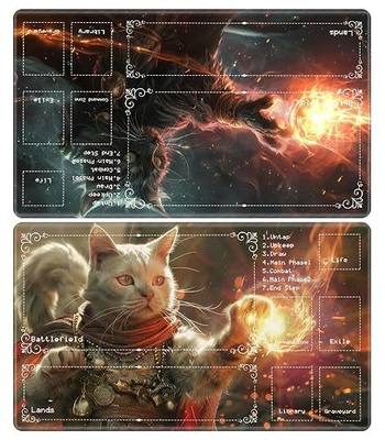 Playmat for MTG with Zones (2 Pack), Card Game Mat Non-Slip Rubber Base and Stitched, 24 x 14 inch TCG Play Mat for MTG and Other Card Games, Magic Cat