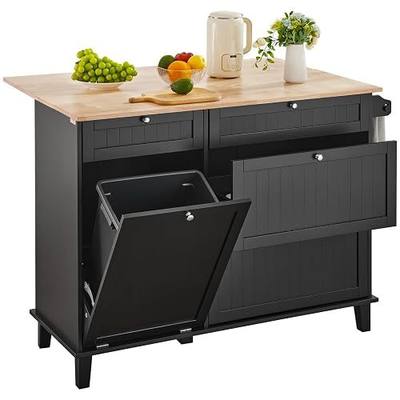 VEVOR Kitchen Island Cart, 50" Wood Top Breakfast Bar with Trash Cabinet Tilt Out 10 Gallon Storage, Farmhouse Dining Living Room Table with Drop Leaf, Towel Bar, Drawer, Black