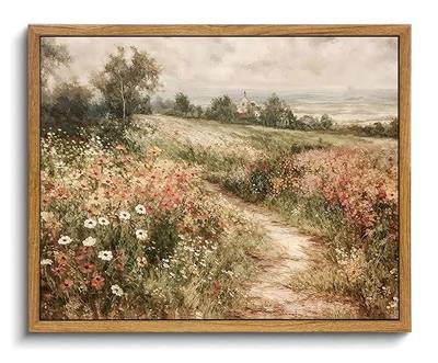 OIQArtOIQ Framed Vintage Wall Art Country Wildflower Canvas Art Paintings | Cottagecore Landscape Pictures Wall Decor, Farmhouse Small Framed Prints For Bedside Tables Shelf Bookshelves Gallery Wall