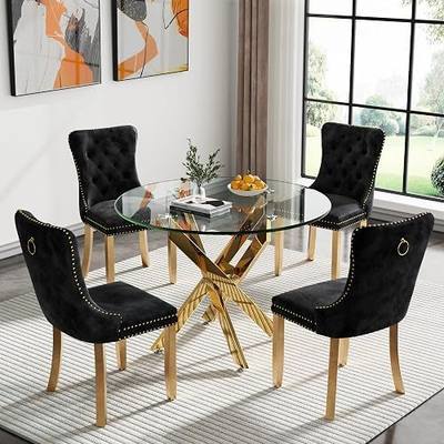 36" Modern Gold Glass Dining Room Table Set for 4, 5-Piece Round Kitchen Dining Table Set with Cross Metal Legs and 4 Black Velvet Upholstered Chairs, Glass Kitchen Table and Chairs Set