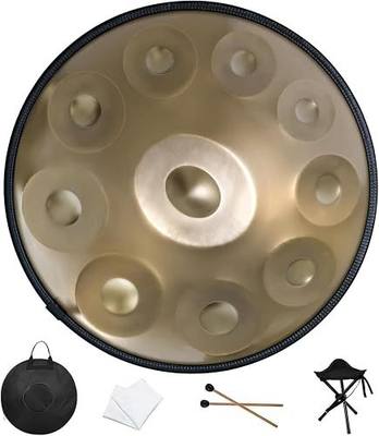 Handpan 22 Inches D Minor Kurd, 432Hz 10 Notes Hand Drum Instrument, Premium Steel Hand Drum, Handpan Instrument for Adults (Gold)