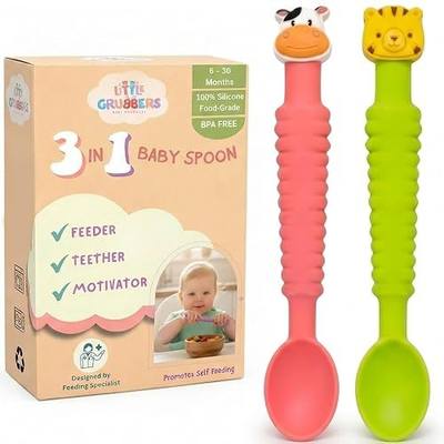 3-in-1 Silicone Baby Spoon Self Feeding 6+ Months - Pediatric OT Designed Teether Spoon, BPA Free Toddler Utensils, Mess-Free, Fun for Baby Led Weaning Supplies, Cow & Tiger