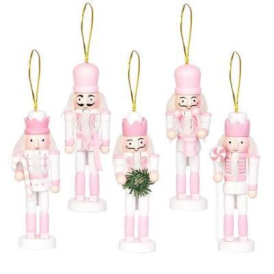 Nutcracker Christmas Decor -5Inch Pink Christmas Decorations Mini Wooden Nutcracker Ornaments Figurines Gifts Hanging Ornaments for Trees 5Pcs