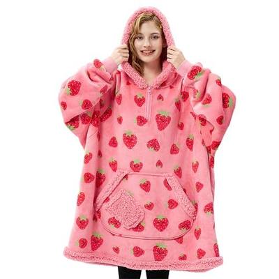 Giggling Getup Wearable Blanket Hoodie for Adults Gifts for Teen Girls Sister Women Sherpa Fleece Printed Hooded Blanket Sweatshirt Warm Cozy with Pocket & Sleeves Strawberry