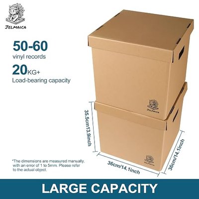 Vinyl Record Storage Box - Moving Box with Handles and Lids - Sturdy Cardboard Crate for Vinyl storage - Holds Up to 60 Records or LPs - Set of 4 Boxes (Kraft)