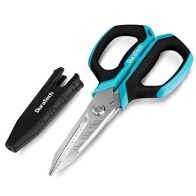 DURATECH 6.5" Compact Electrician Scissors, 4-In-1 Multipurpose Scissors | TPR Comfort Grip, Safety Cap, Serrated Blade for Cutting Copper Wire, Carpet, Leather, and Fabric