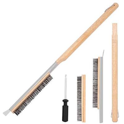 26" Stainless Steel Pizza Oven Brush with Extra Long Heat-Resistant Handle, Stone Scraper, Compatible with Ooni Ovens, Silver/Wood Finish