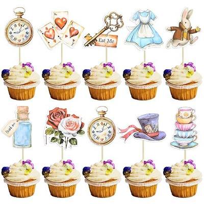 Ephlyn 36Pcs Wonderland Cupcake Toppers Bowl Key Clock Fairy Eat Me Cupcake Picks Cat Bunny Try Me Cake Topper Decorations for Tea Party Baby shower Kids Girls Birthday Party Supplies