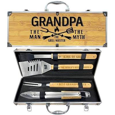 Grandpa Gifts from Grandkids Fathers Day, Grandpa Gift Heavy Duty Wooden BBQ Grilling Accessories Kit for Backyard, Thick Stainless Steel Grill Utensils with Non-Slip Handle Tools in Portable Bag