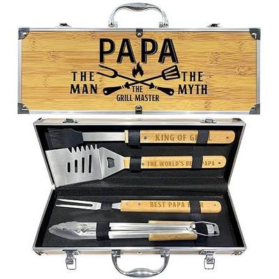 Papa Gifts from Grandkids, Gift for Papa Fathers Day Heavy Duty Wooden BBQ Grilling Accessories Kit for Backyard, Thick Stainless Steel Grill Utensils with Non-Slip Handle Tools in Portable Bag