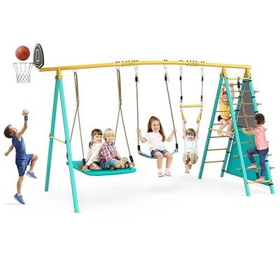 Jocoevol Swing Set for Backyard, Heavy-Duty Metal Swing Sets for Kids with 2 Swings, Climbing Ladder and Nets,Trapeze Bar, Soccer Goals and Basketball Hoop Up to 660lbs