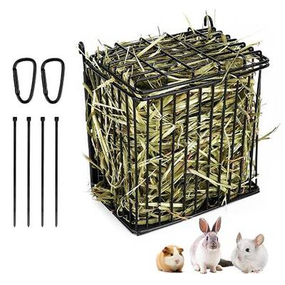 New Upgraded Rabbit Hay Feeder,Comes with Lid to Prevent Critters from Jumping in,Metal Frame Hay Rack with Adjustable Hook,for Rabbits Guinea Pigs Bunny Chinchillas Small Animals (Black)
