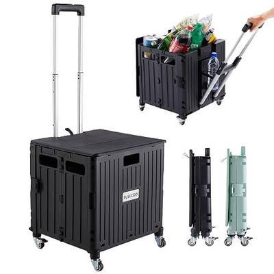 SUBICOO Folding Utility Cart Portable Rolling Crate Handcart Shopping Trolley Collapsible Tool Box, with Lid, on 4 Rotate Wheels, for Grocery, Shopping, Office, Teacher, Camp(Black)