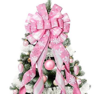 Christmas Tree Topper Christmas Wreath Bow, 52 * 13 inches Large Tree Toppers Bow with Snowflake Patterned for Xmas Tree Décor Christmas Home Indoor Outdoor Decoration Pink