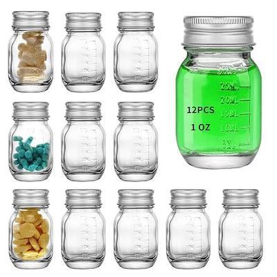 12 PC Glass medicine bottles 1oz 30 ml Glass Reagent Bottles Transparent Sample Jar,Wide Mouth,Screw Cap with Scale for Home, Argent Lid