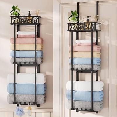 HapiRm Towel Rack Bathroom Storage - 3 Tier Over The Door & Wall Mounted Rolled Towel Racks Holder Organizer with Metal Shelf and 6 Hooks for Small Bathroom, Camper, Rv - Black (for 1.77 in Doors)