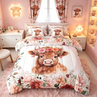 Feelyou Cute Highland Cow Comforter Set Full Size 7 Pcs Bedding Set Kids