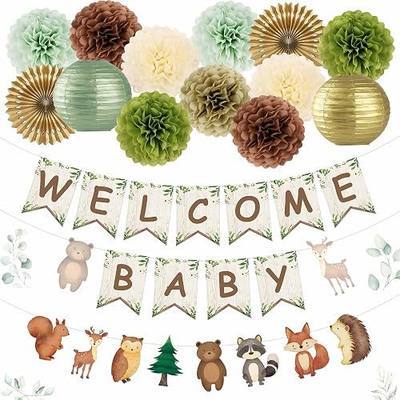 Kriyokiaa Woodland Baby Shower Decorations, 15 Pcs Party Set | 15-piece woodland baby shower set with welcome baby banners, paper lanterns and pom poms for indoor/outdoor events
