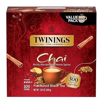 Twinings Chai Black Tea Individually Wrapped Bags, 100 Count (Pack of 1), Richly Blended with Warm Spices, Caffeinated, Enjoy Hot or Iced, 100 Teabags | Sweet & Savoury, With Cinnamon, Ginger, Cardamom & Clove, Naturally Caffeinated, 100 Foil Lined Individually Wrapped Bags