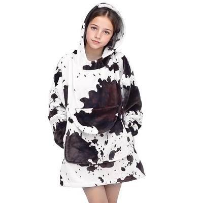 cow print Wearable Blanket Hoodie for Teens - Oversized Cozy Soft Brown and White Sweatshirt Blanket Gifts for Teens Girls Boys 6-13 Year Old