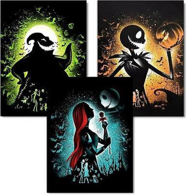 AIBOERL 3 Pack Diamond Art Kits for Adults,DIY Halloween Diamond Painting | Round Drill Jack and Sally Diamond Painting for Beginners DIY Rhinestone 5D Diamond dots(Gemstone Craft)Wall Art Gift 12x16IN