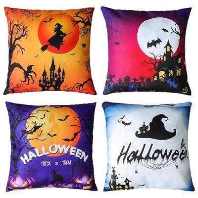 Halloween Pillow Covers Square 18x18 Set of 4,Fall Decorative Throw Pillow Covers Pillowcase for Happy Halloween Moon Night Bat Crow Spider Web