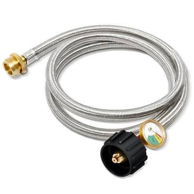 5FT Stainless Braided Propane Hose Adapter 1lb to 20 lb with Gauge, Propane Tank Hose Adapter, Compatible with BLACKSTONE 17”and 22” Griddle, Char-Broil, Weber Q, and More 1lb Portable Appliances