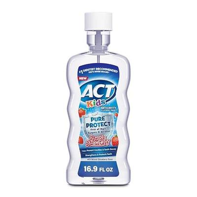 ACT Kids Pure Protect Anticavity Fluoride Mouthwash, Free of Dyes, Sugars & Alcohol, Simply Strawberry, 16.9 fl. oz.