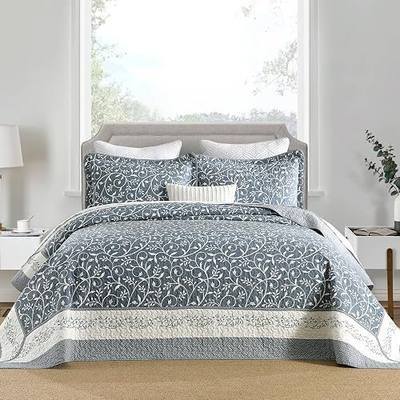 100% Cotton Oversized Quilt 120"x120", Extra Large King Bedspread, Farmhouse Botanical Bed Spreads Coverlet, Lightweight Quilted Bedding Cover, 3 Piece, Grayish Blue/White