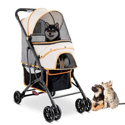 4 Wheels Dogs Cats Stroller for Small Medium Dogs Cats Pets up to 35 LBS,Foldable Dog Cat Strollers Jogger Travel Stroller with Storage Basket and Cup Holder, Yellow