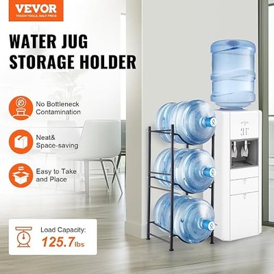 VEVOR 5 Gallon Water Jug Holder, 3 Tiers Water Bottle Holder, Heavy Duty Water Bottle Rack with 3 Slots, Detachable Water Jug Stand for Kitchen, Office, Living Room- Black