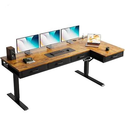OffiGo 63 Inch L Shaped Electric Standing Desk with 4 Drawers, Rustic Brown | Reversible Corner Table, Office Desk With 4 Drawers and Outlets For Home Office, Computer Workstation And Sit Stand Use