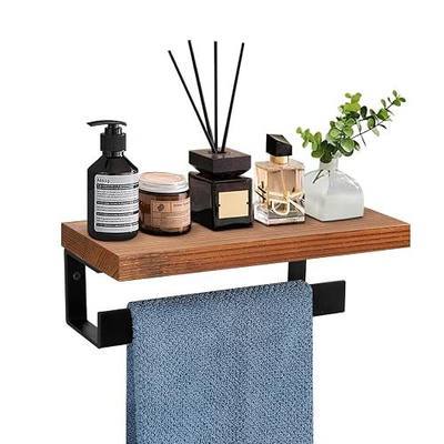 Hand Towel Holder/Towel Ring with Wooden Shelf, Hand Towel Rack, Hand Towel Hanger for Bathroom, Bath Accessories Wall Mounted, (Matte Black, 9"-Squ Shaped)